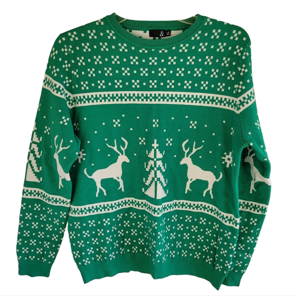 Green & White Reindeer Sweater